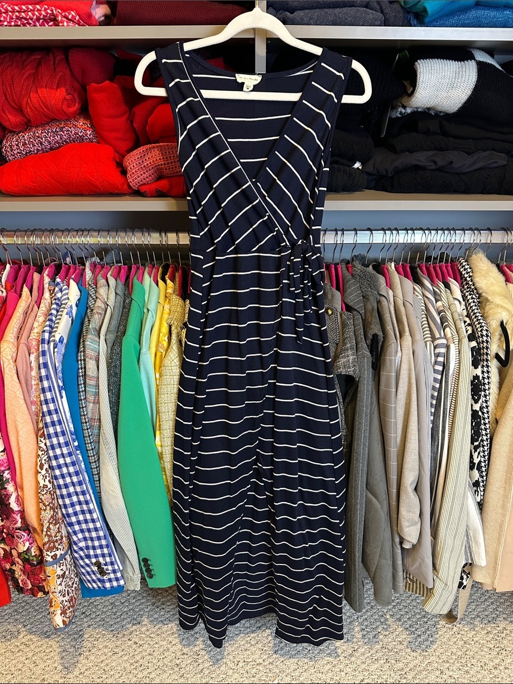 See You Monday navy/white striped sleeveless ribbed faux wrap midi dress size M
